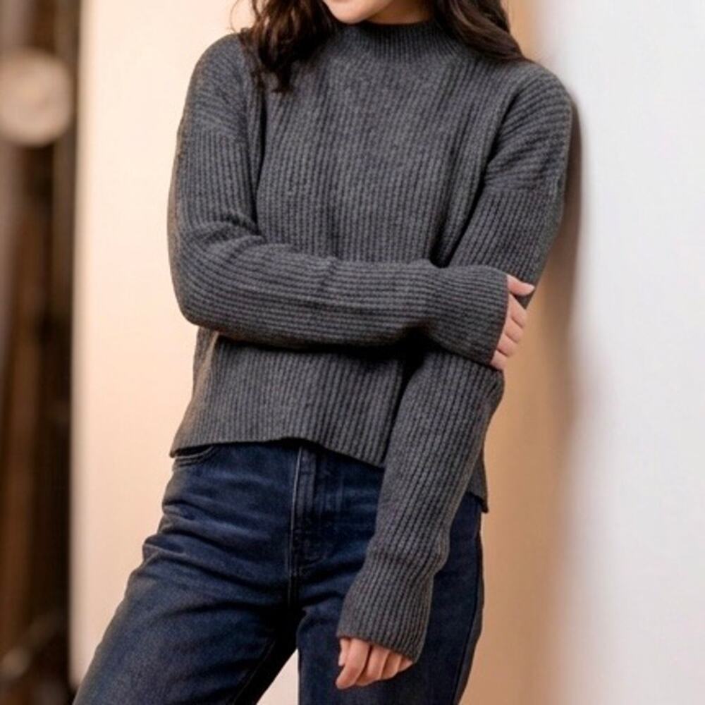 Y2K Cropped Mock Turtleneck Heather Gray Ribbed Sweater Women’s S Winter
